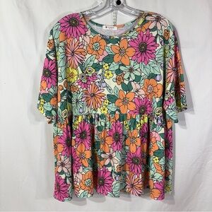 BomBom Floral Women's Boho Hippie Women's Large Blouse Stretch Comfy Multi Color